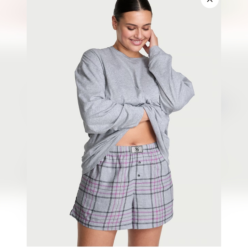 New Flannel Long-Sleeve Short Tee-Jama Set S/P